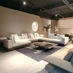 Modern Large-Scale Modular Sectional Sofa with Integrated Leather Side Tables, Premium Textured Fabric & Leather-Wrapped Base